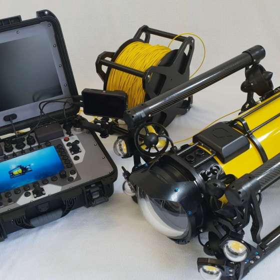 Boxfish Luna underwater cinematography drone kit including fiber optic tether and surfaced control console